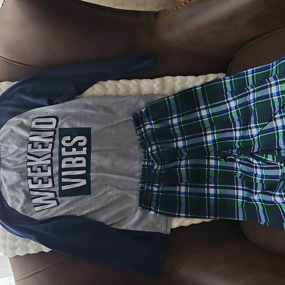 Boys Children's Place Green And Blue Plaid Pajamas Size 7/8